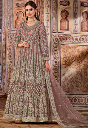 Embroidered Net Abaya Style Suit in Brown