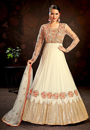 Embroidered Net Abaya Style Suit in Cream