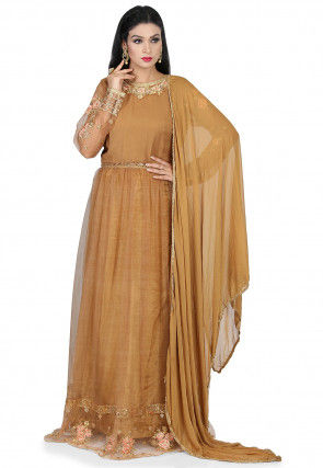 Embroidered Net Abaya Style Suit in Dark Beige