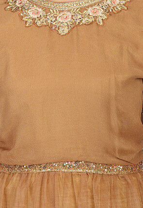 Embroidered Net Abaya Style Suit in Dark Beige