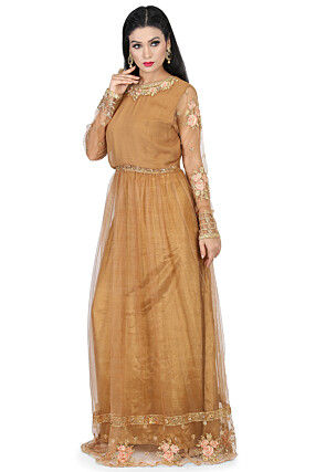 Embroidered Net Abaya Style Suit in Dark Beige