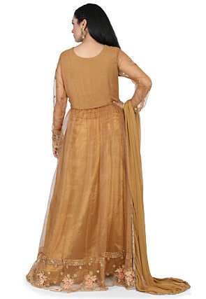 Embroidered Net Abaya Style Suit in Dark Beige