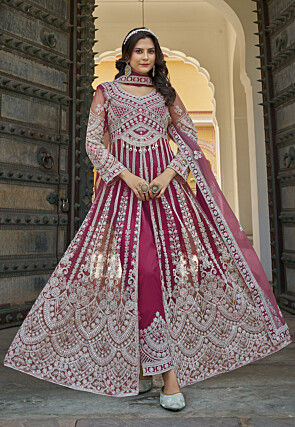 Embroidered Net Abaya Style Suit in Magenta