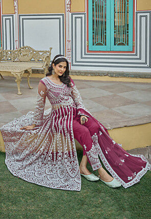 Embroidered Net Abaya Style Suit in Magenta
