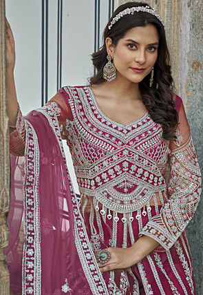 Embroidered Net Abaya Style Suit in Magenta