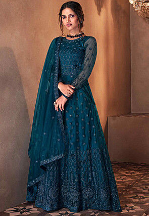 Embroidered Net Abaya Style Suit in Dark Teal Blue