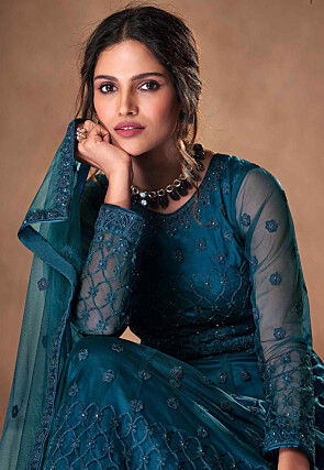 Embroidered Net Abaya Style Suit in Dark Teal Blue