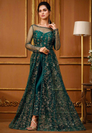 Embroidered Net Abaya Style Suit in Dark Teal Green