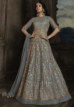 Embroidered Net Abaya Style Suit in Dusty Blue