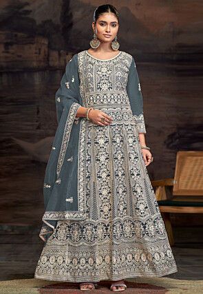 Embroidered Net Abaya Style Suit in Dusty Blue
