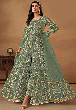 Embroidered Net Abaya Style Suit in Dusty Green