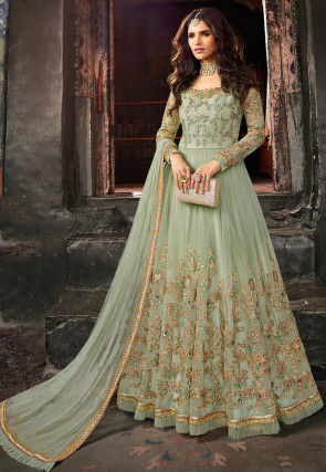 Embroidered Net Abaya Style Suit in Dusty Green