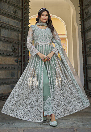 Embroidered Net Abaya Style Suit in Dusty Green