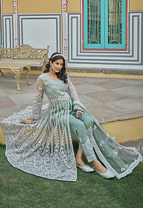Embroidered Net Abaya Style Suit in Dusty Green