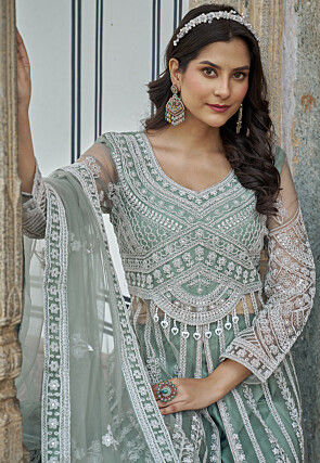 Embroidered Net Abaya Style Suit in Dusty Green