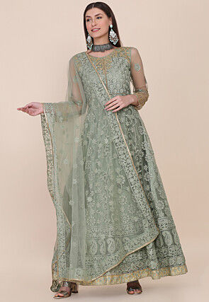 Embroidered Net Abaya Style Suit in Dusty Green