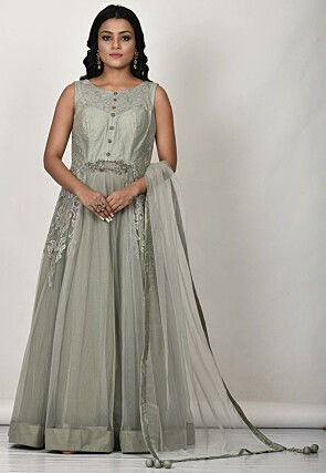 Embroidered Net Abaya Style Suit in Dusty Green