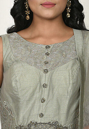 Embroidered Net Abaya Style Suit in Dusty Green