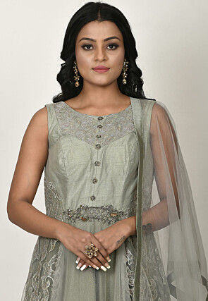Embroidered Net Abaya Style Suit in Dusty Green