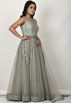 Embroidered Net Abaya Style Suit in Dusty Green