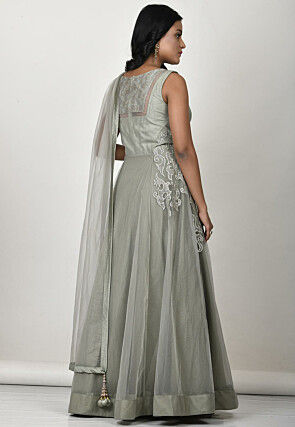 Embroidered Net Abaya Style Suit in Dusty Green