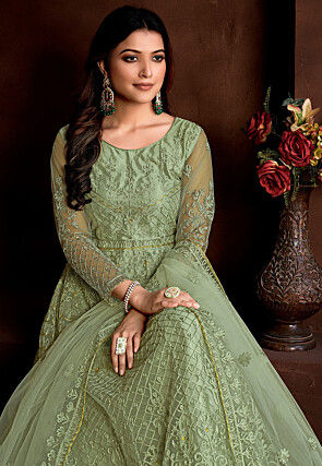 Embroidered Net Abaya Style Suit in Dusty Green