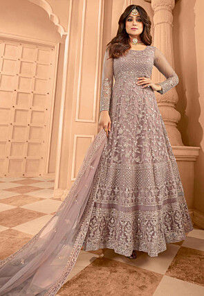 Embroidered Net Abaya Style Suit in Dusty Lilac