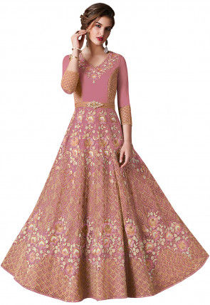 Embroidered Net Abaya Style Suit in Dusty Pink