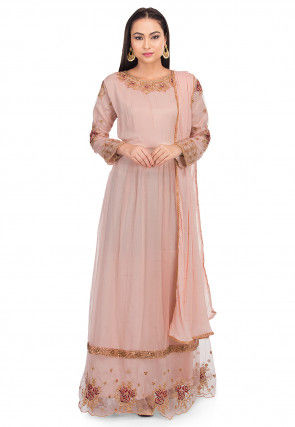 Embroidered Net Abaya Style Suit in Dusty Pink