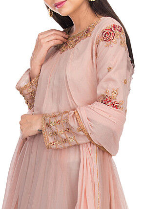 Embroidered Net Abaya Style Suit in Dusty Pink