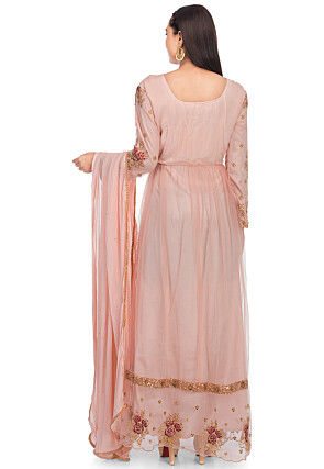 Embroidered Net Abaya Style Suit in Dusty Pink