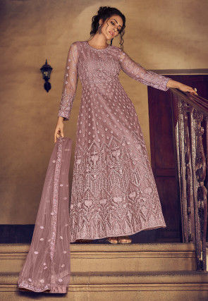 Embroidered Net Abaya Style Suit in Dusty Purple
