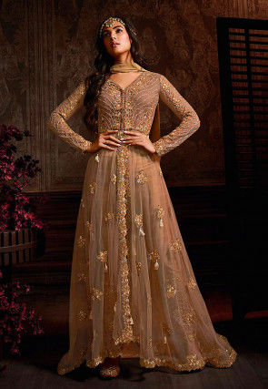 Embroidered Net Abaya Style Suit in Fawn