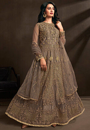 Embroidered Net Abaya Style Suit in Fawn