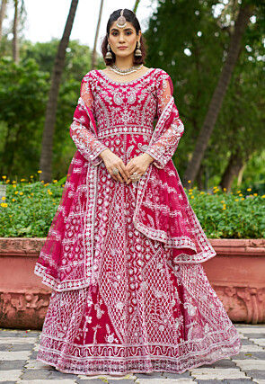 Embroidered Net Abaya Style Suit in Fuchsia