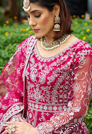 Embroidered Net Abaya Style Suit in Fuchsia