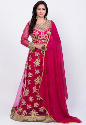 Embroidered Net Abaya Style Suit in Fuchsia
