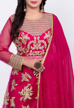 Embroidered Net Abaya Style Suit in Fuchsia
