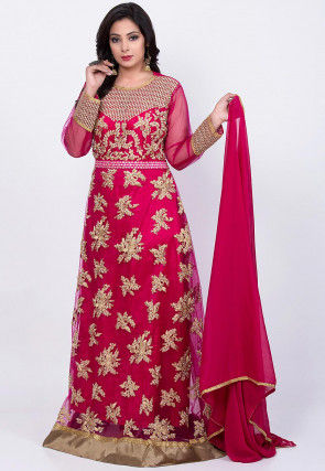 Embroidered Net Abaya Style Suit in Fuchsia
