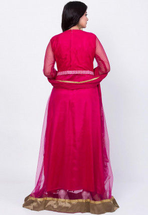 Embroidered Net Abaya Style Suit in Fuchsia