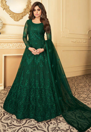 Embroidered Net Abaya Style Suit in Green
