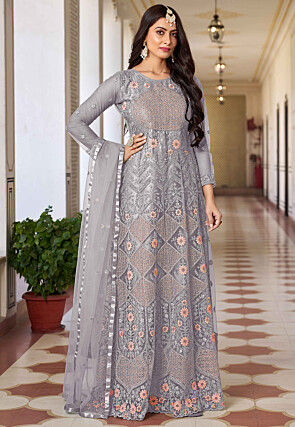 Embroidered Net Abaya Style Suit in Grey