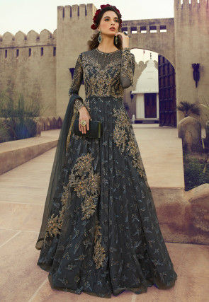 Embroidered Net Abaya Style Suit in Grey