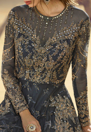 Embroidered Net Abaya Style Suit in Grey