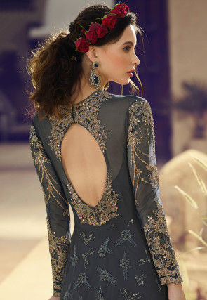 Embroidered Net Abaya Style Suit in Grey