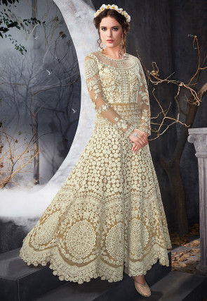 Embroidered Net Abaya Style Suit in Light Beige and White