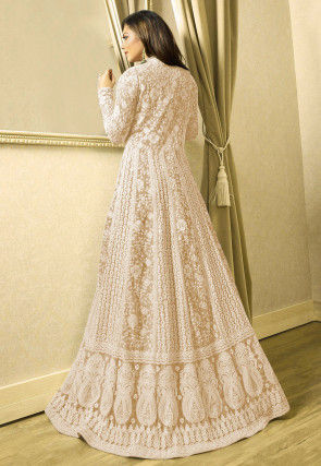 Embroidered Net Abaya Style Suit in Light Beige