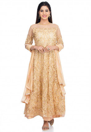Embroidered Net Abaya Style Suit in Light Beige