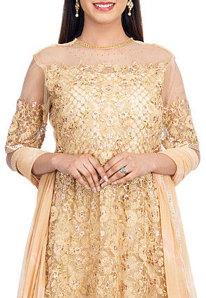 Embroidered Net Abaya Style Suit in Light Beige