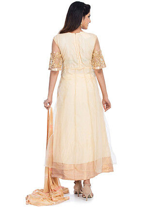 Embroidered Net Abaya Style Suit in Light Beige